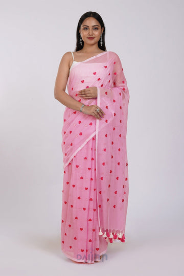 AYSR Boutique Chahna Pink Mul Cotton Heart Embroidery Saree