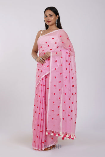 AYSR Boutique Chahna Pink Mul Cotton Heart Embroidery Saree