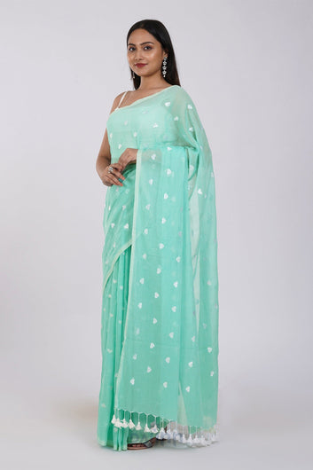AYSR Boutique Chahna Sea Green and White Mul Cotton Heart Embroidery Saree
