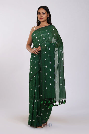 AYSR Boutique Chahna Bottle Green and White Mul Cotton Heart Embroidery Saree