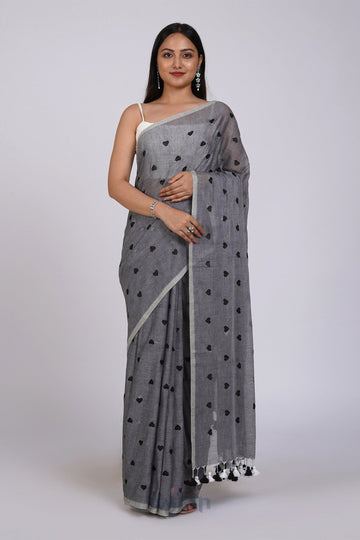 AYSR Boutique Chahna Grey and Black Mul Cotton Heart Embroidery Saree