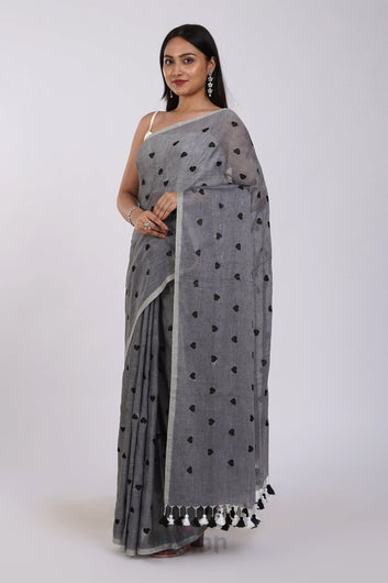 AYSR Boutique Chahna Grey and Black Mul Cotton Heart Embroidery Saree