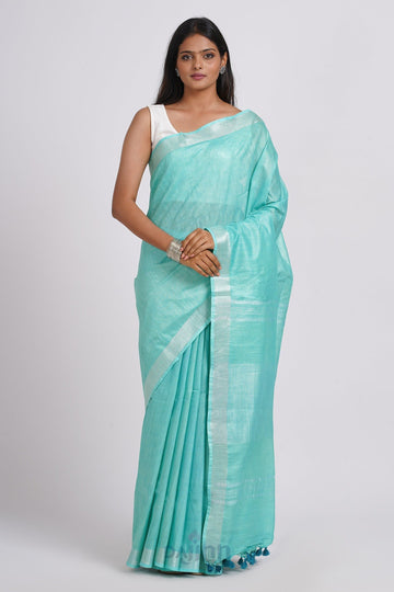 AYSR Boutique Kaya Turquoise Zari Linen Saree