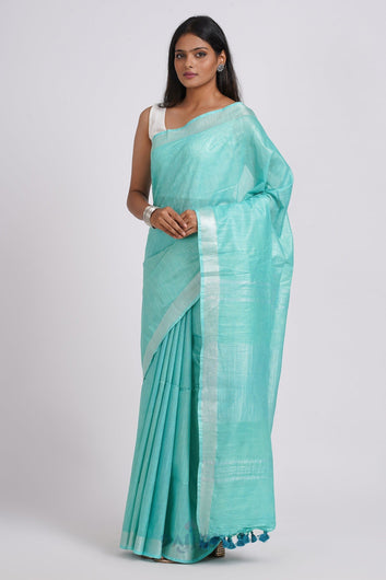 AYSR Boutique Kaya Turquoise Zari Linen Saree