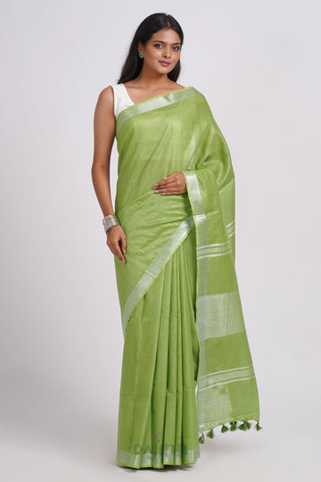 AYSR Boutique Kaya Light Green Zari Linen Saree