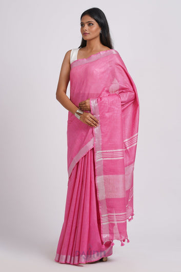 AYSR Boutique Kaya Pink Zari Linen Saree