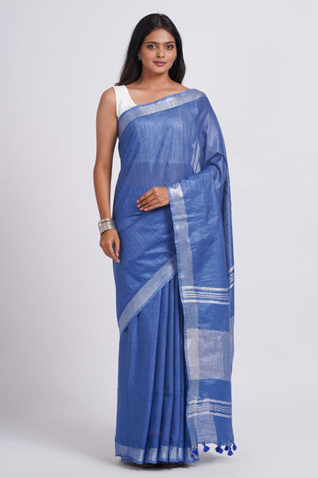 AYSR Boutique Kaya Blue Zari Linen Saree