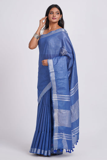 AYSR Boutique Kaya Blue Zari Linen Saree
