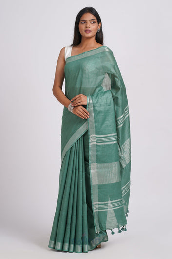 AYSR Boutique Kaya Dark Green Zari Linen Saree