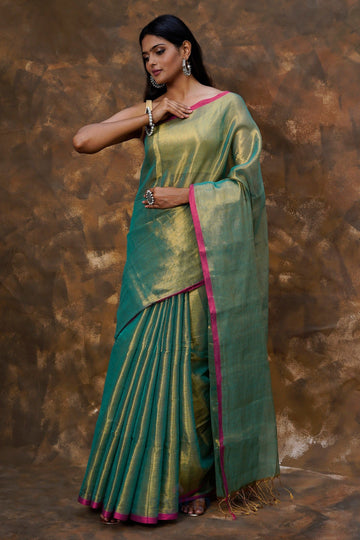 AYSR Boutique Idayini Turquoise Organic Tissue Silk Saree