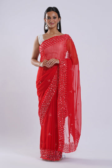 AYSR Boutique Daivya Red Georgette Mirror Work Saree
