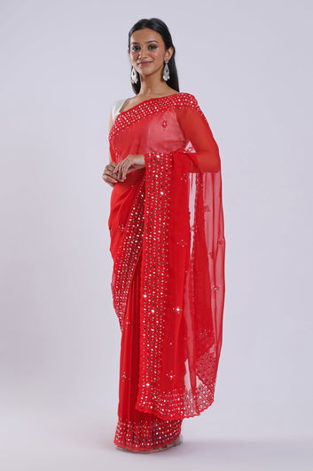 AYSR Boutique Daivya Red Georgette Mirror Work Saree