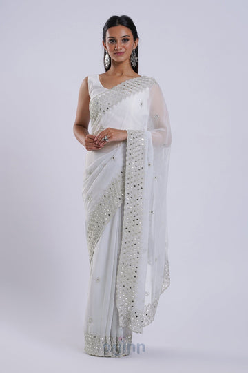 AYSR Boutique Daivya Grey Georgette Mirror Work Saree