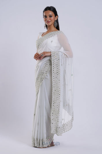 AYSR Boutique Daivya Grey Georgette Mirror Work Saree