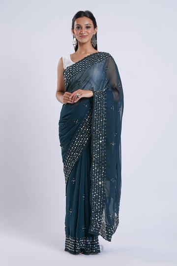 AYSR Boutique Daivya Blue Georgette Mirror Work Saree
