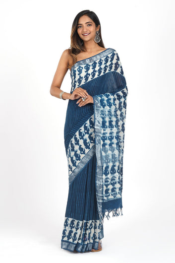 AYSR Boutique Deep Blue Linen Saree