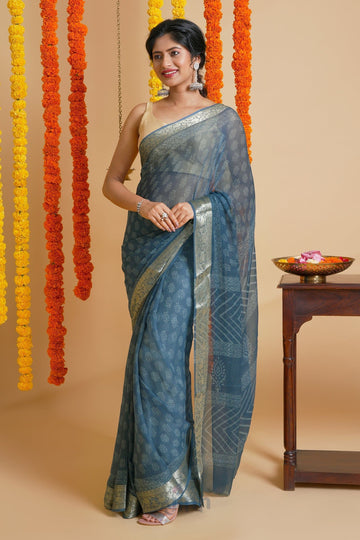 Indigo Dream Block Print Chiffon Saree