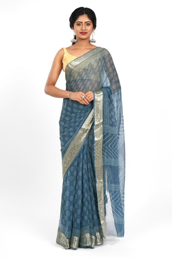 Indigo Dream Block Print Chiffon Saree