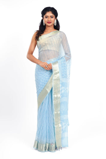 Azure Sky Blue Block Print Chiffon Saree