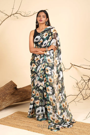 AYSR Boutique Raven Bloom Digital Print Chiffon Saree