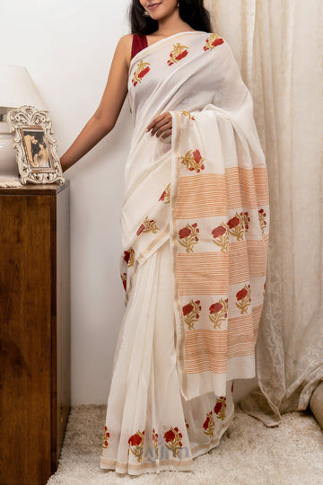 AYSR Boutique Ojaswini Red and Green Block Print Chanderi Silk Saree
