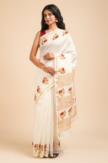 AYSR Boutique Ojaswini Red and Green Block Print Chanderi Silk Saree