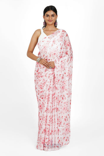 AYSR Boutique Crimson Petal Digital Print Chiffon Saree