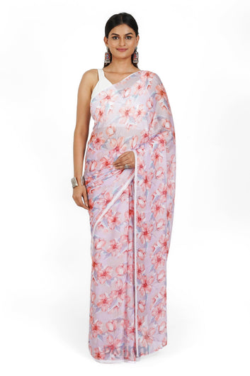 AYSR Boutique Grey Blossom  Digital Print Chiffon Saree