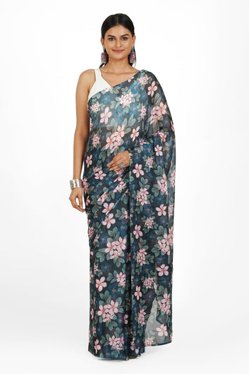 AYSR Boutique Noir Rose Digital Print Chiffon Saree
