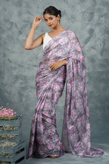 AYSR Boutique Blushing Slate  Digital Print Chiffon Saree