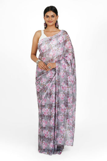 AYSR Boutique Blushing Slate  Digital Print Chiffon Saree