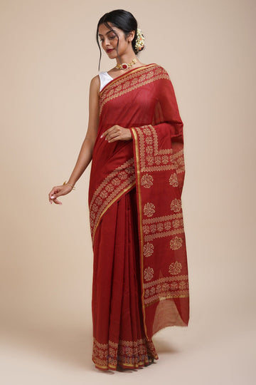 AYSR Boutique Dipped In Red Dark Red Block Print Chanderi Silk Saree