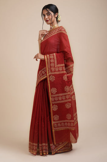 AYSR Boutique Dipped In Red Dark Red Block Print Chanderi Silk Saree