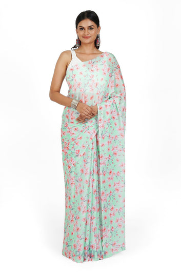 AYSR Boutique Rosy Seaside Bloom Digital Print Chiffon Saree