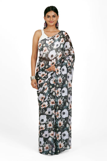 AYSR Boutique Midnight Garden Bloom Digital Print Chiffon Saree