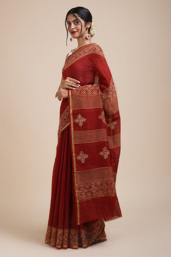 AYSR Boutique Dil Khush Dark Red Block Print Chanderi Silk Saree