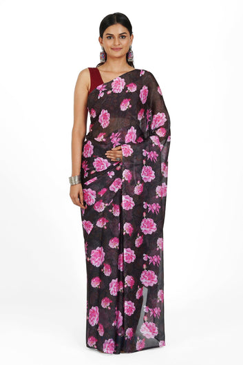 AYSR Boutique  Ebony Rose Pink Digital Print Chiffon Saree