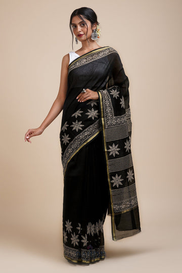 AYSR Boutique Chandini Raat Black Block Print Chanderi Silk Saree
