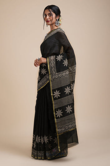 AYSR Boutique Chandini Raat Black Block Print Chanderi Silk Saree