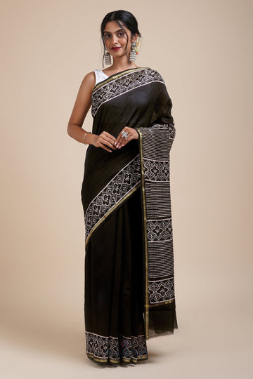 AYSR Boutique Into the Night Black Block Print Chanderi Silk Saree