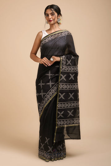 AYSR Boutique Raat ki Rani Black Block Print Chanderi Silk Saree