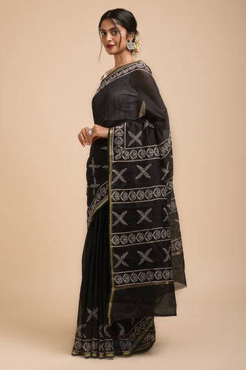 AYSR Boutique Raat ki Rani Black Block Print Chanderi Silk Saree