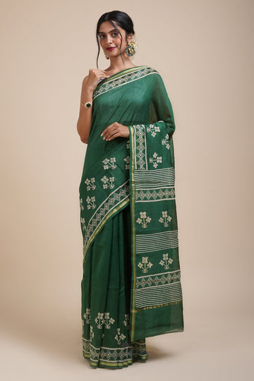 AYSR Boutique Green Chilli Bottle Green Block Print Chanderi Silk Saree