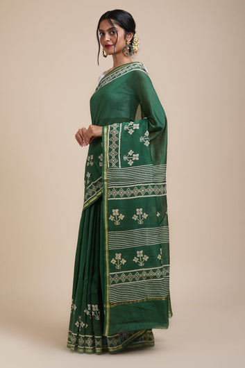 AYSR Boutique Green Chilli Bottle Green Block Print Chanderi Silk Saree