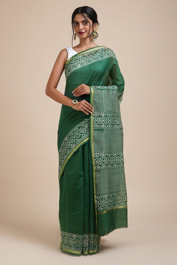 AYSR Boutique Chayaa Bottle Green Block Print Chanderi Silk Saree