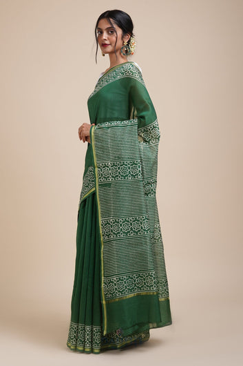 AYSR Boutique Chayaa Bottle Green Block Print Chanderi Silk Saree