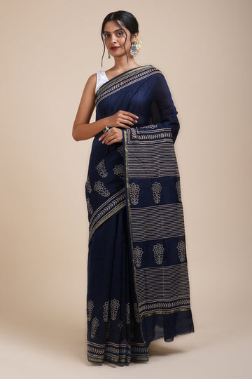 AYSR Boutique Dhalti Sham Navy Blue Block Print Chanderi Silk Saree