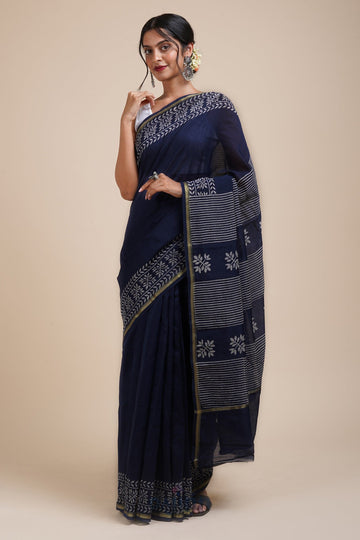 AYSR Boutique Saat Samandar Navy Blue Block Print Chanderi Silk Saree