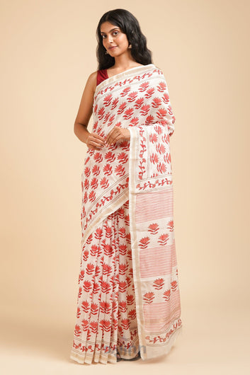 AYSR Boutique Gulabi Bahaar Pink and White Block Print Chanderi Silk Saree