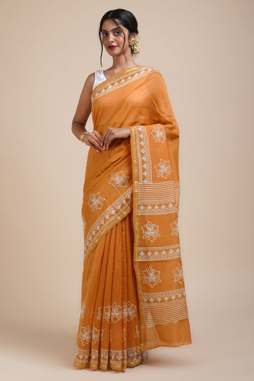 AYSR Boutique Sunkissed Mustard Block Print Chanderi Silk Saree